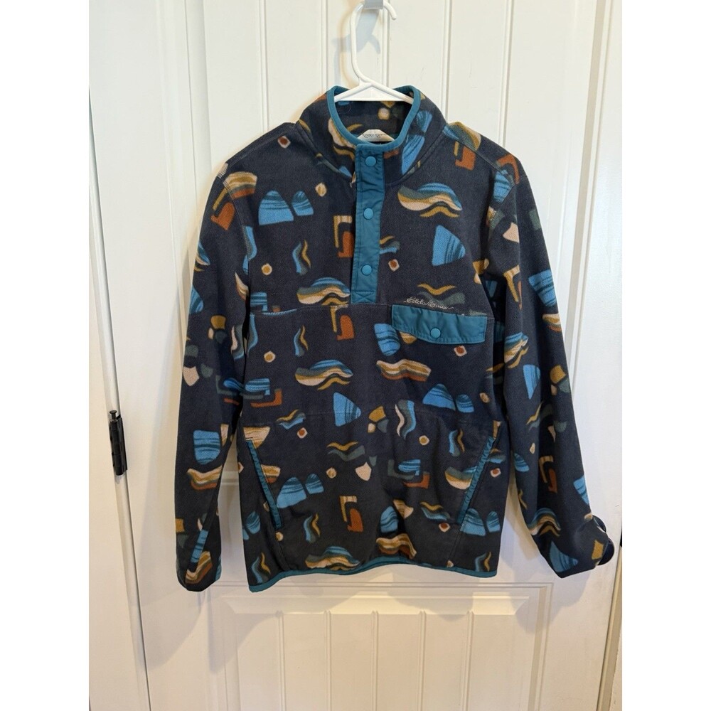 Eddie Bauer Mens S Fleece Pullover Snap Neck Retro Geometric Print Pockets